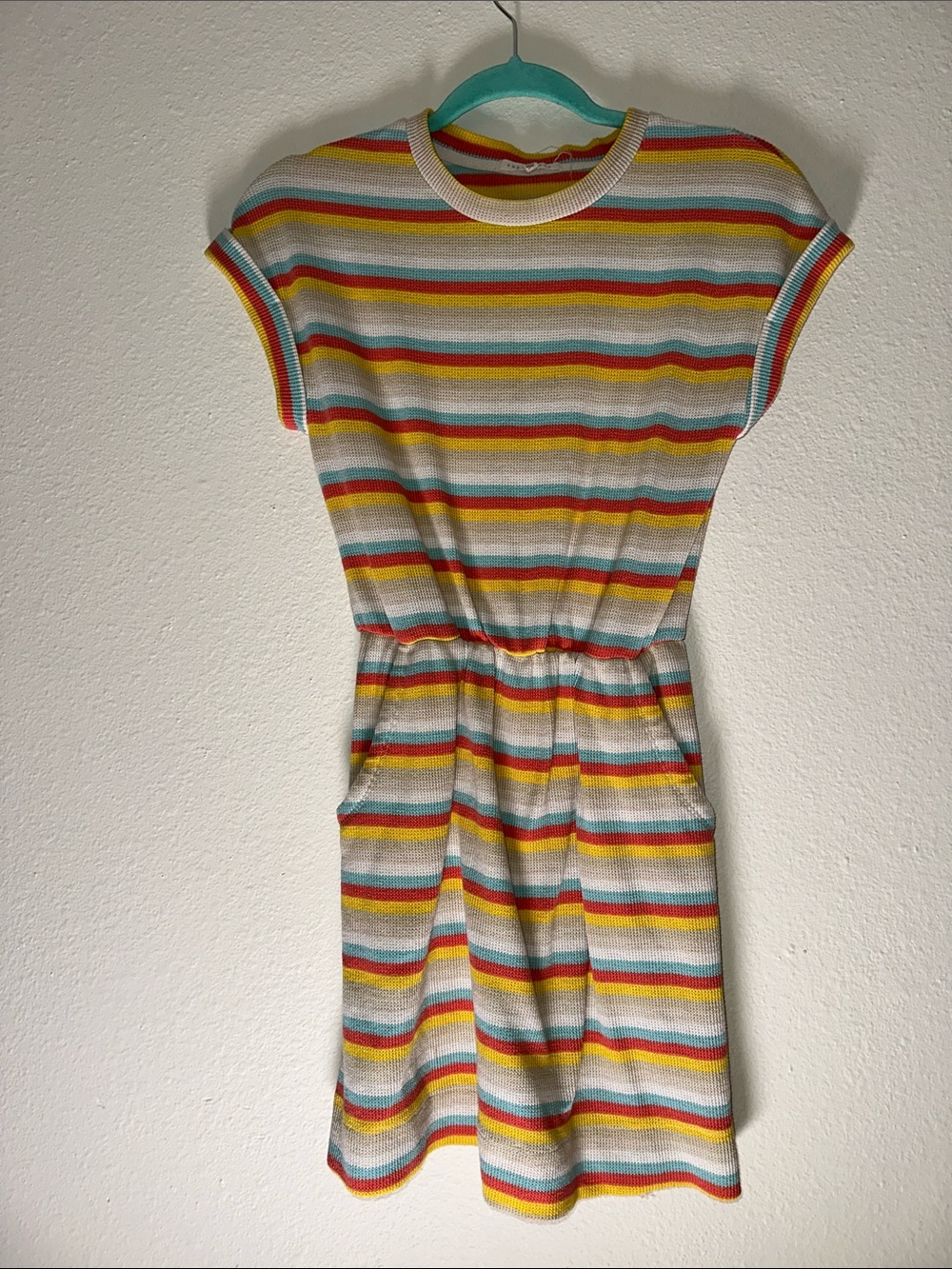 Copper Key Cream Knit Dress with Red, Yellow, Blue and Green Stripes